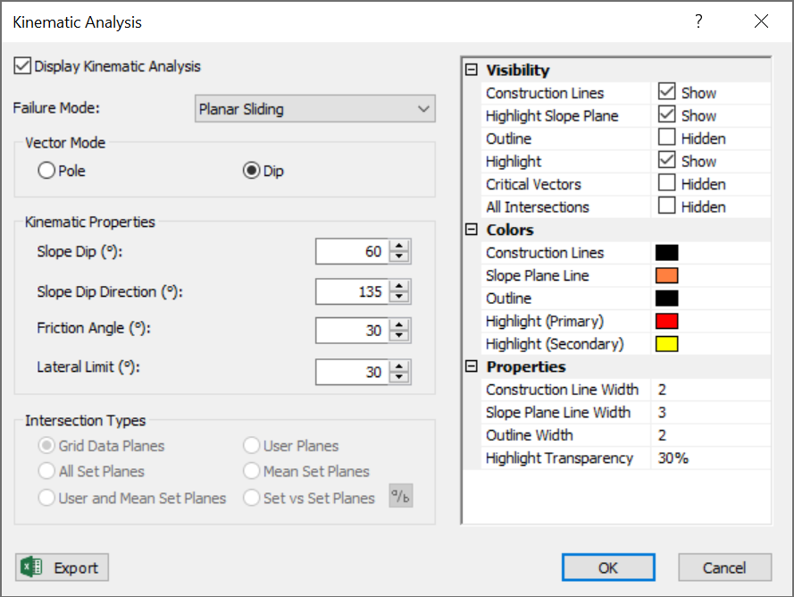 Kinematic Analysis dialog