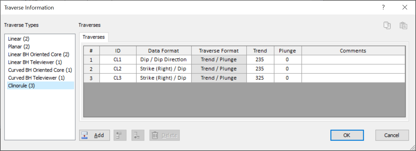 Traverse Information dialog 