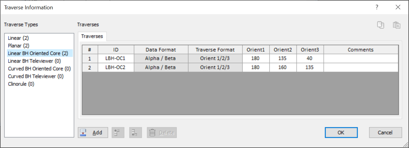 Traverse Information dialog 