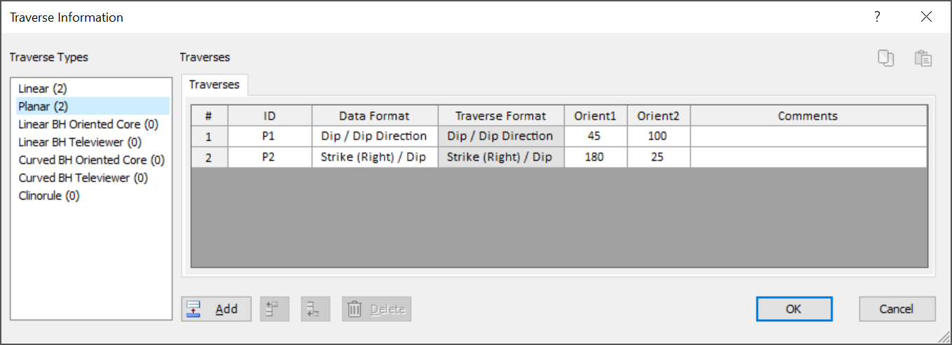 Traverse Information dialog 