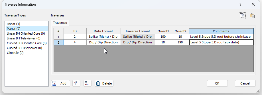 Traverse Information Dialog