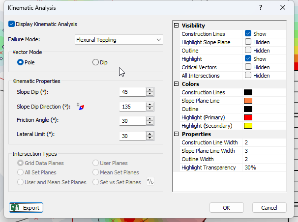 Kinematic Analysis dialog