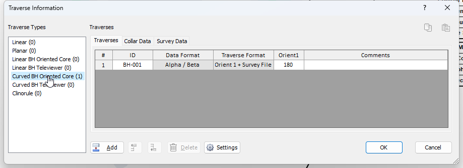 Traverse Information dialog