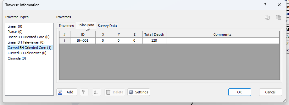 Traverse Information dialog