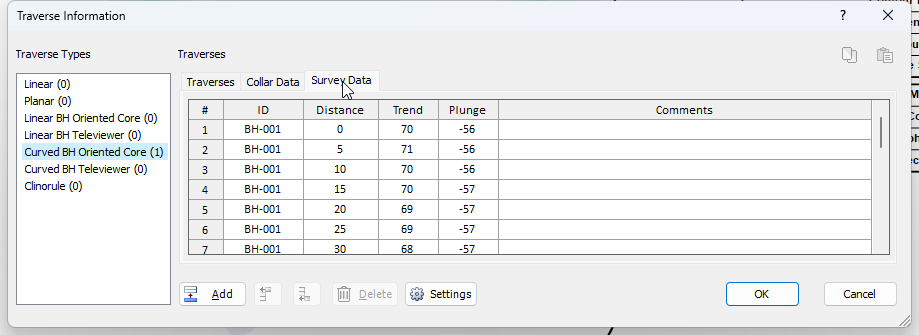 Traverse Information dialog