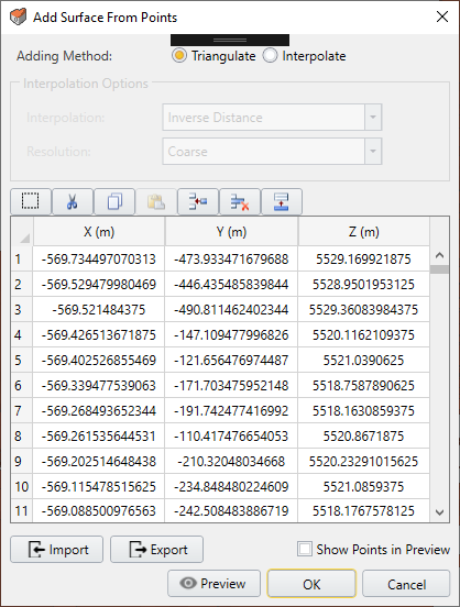 Add surface from points dialog