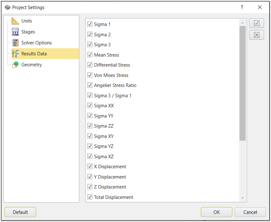 Proejct Settings - Results data tab