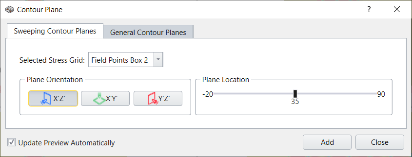 Contour Plane dialog - Sweeping contour plane tab