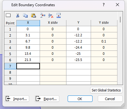 Edit Boundary Coordinates data table 