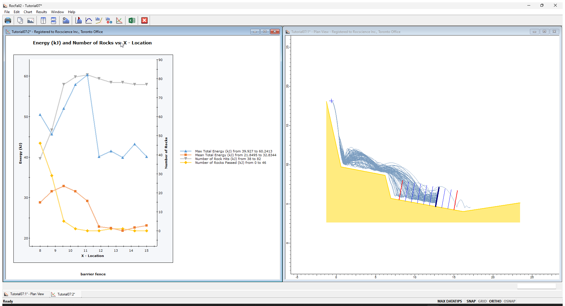 Energy (KJ) and Number of Rocks vs X-Location plot and model 