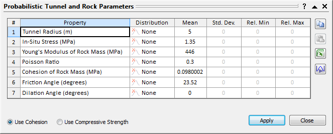 Probabilistic Tunnel and Rock Parameters Dialog