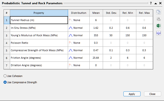 Probabilistic Tunnel and Rock Parameters Dialog