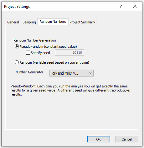 Project Settings Dialog - Random Numbers Tab