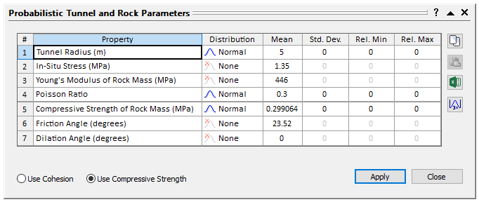 Probabilistic Tunnel and Rock Parameters dialog