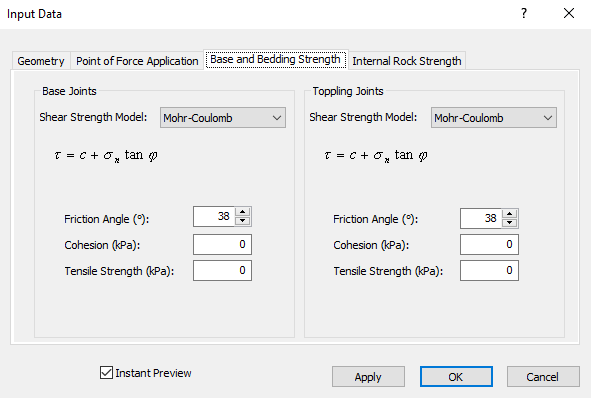 Base and Bedding Strength tab