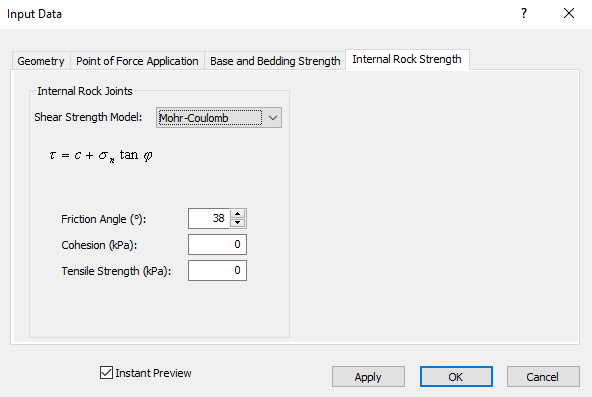 Internal Rock Strength tab