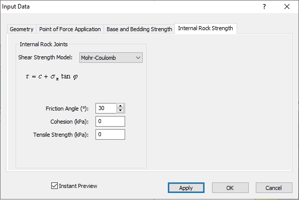 input data Internal Rock Strength