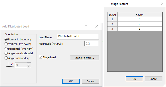 Add Distributed Load, Stage Factors dialog 