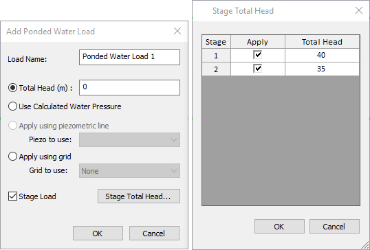 Add Ponded Water load, Stage Total Head dialog box 