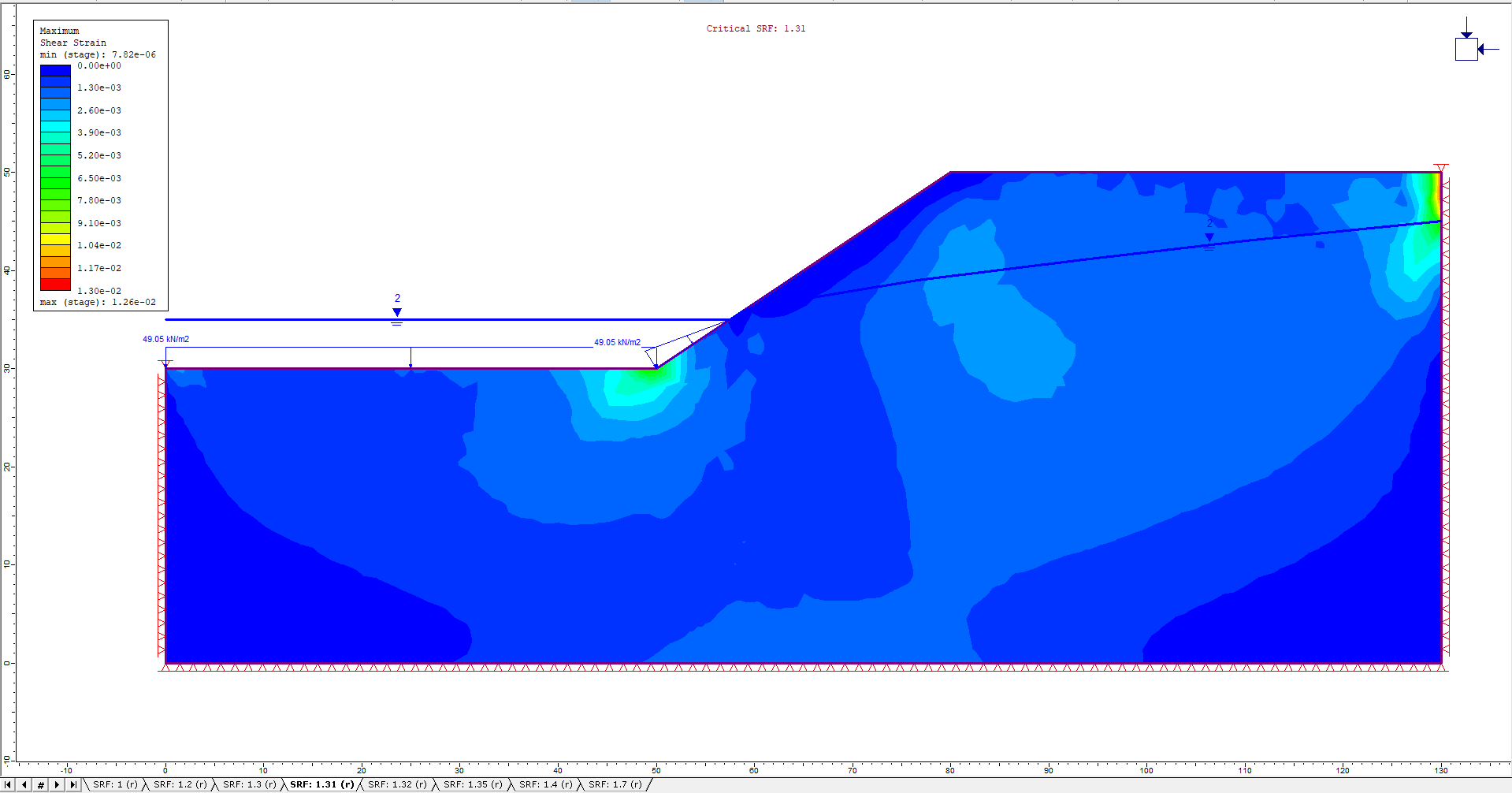 Image of model with the maximum shear strain for critical strength reduction factor for the second stage displayed 