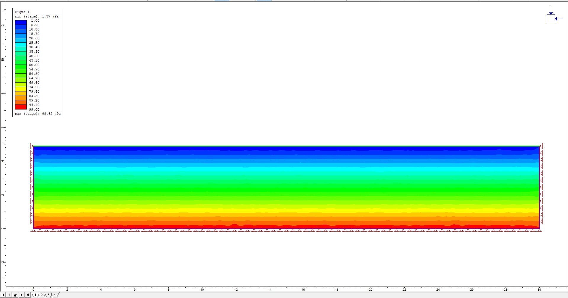 Image of model showing the maximum stress in the Foundation Soil layer for Stage 1 