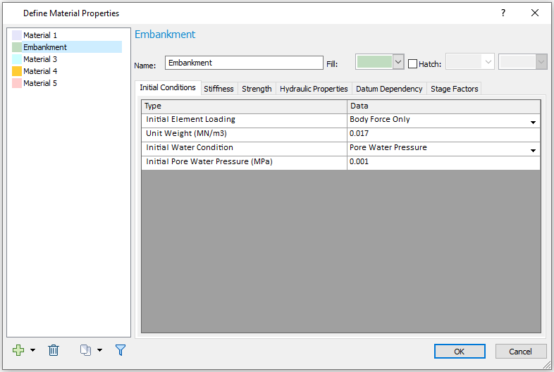 Define Material Properties- Initial Conditions dialog 