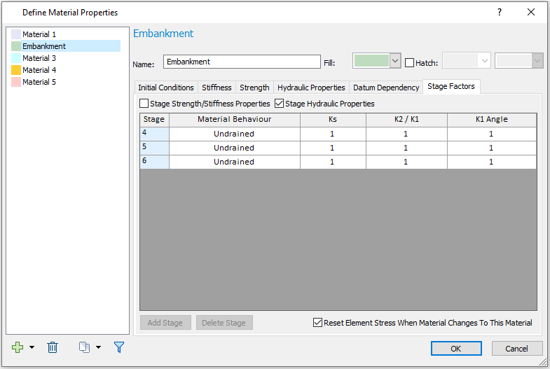 Define Material Properties- Stage Factors dialog 