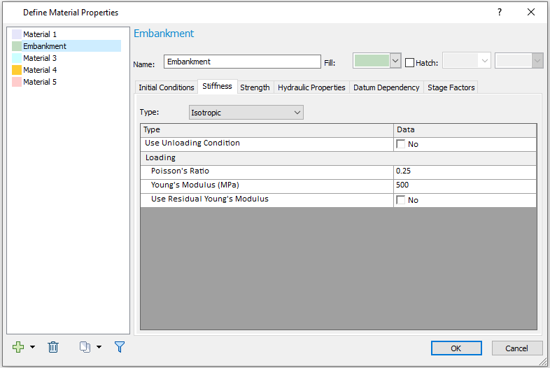 Define Material Properties- Stiffness dialog 