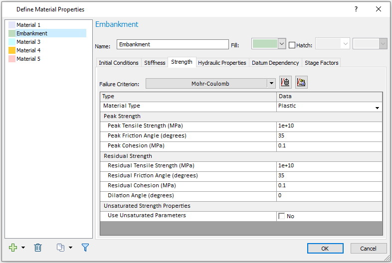 Define Material Properties- Strength dialog 