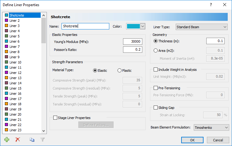 Define Liner Properties dialog 