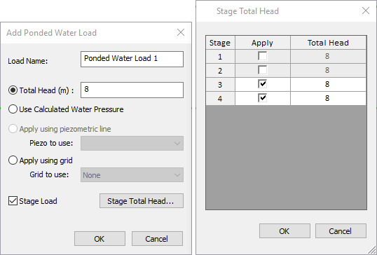 Add Ponded Water Load, Stage Total Head dialog 