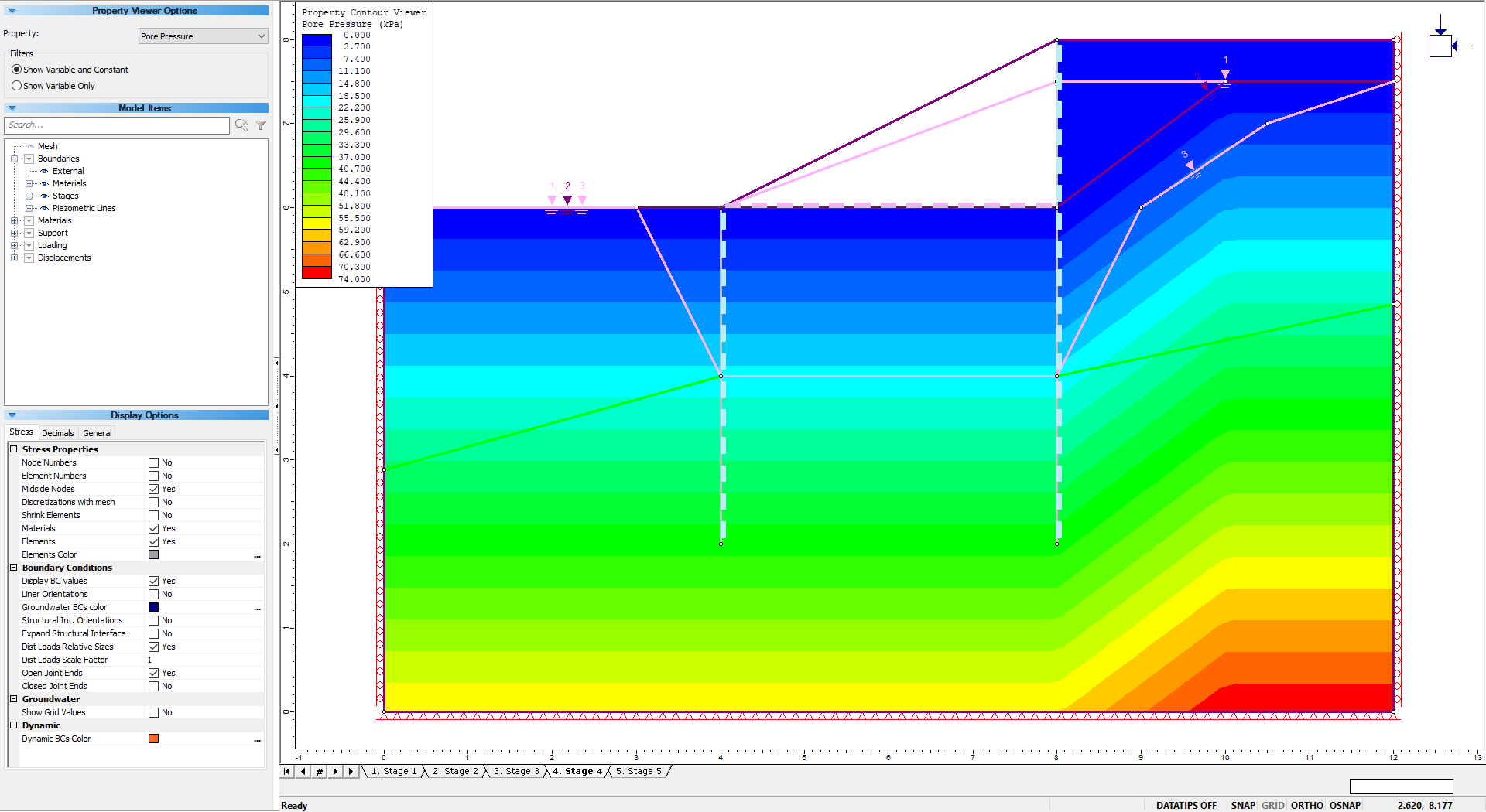 Image of model showing the impact of excavation and piezometric lines on pore pressure