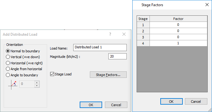 Add Distributed Load, Stage Factors dialog box
