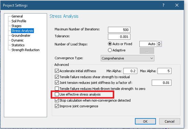 Project Settings dialog- Stress Analysis tab 