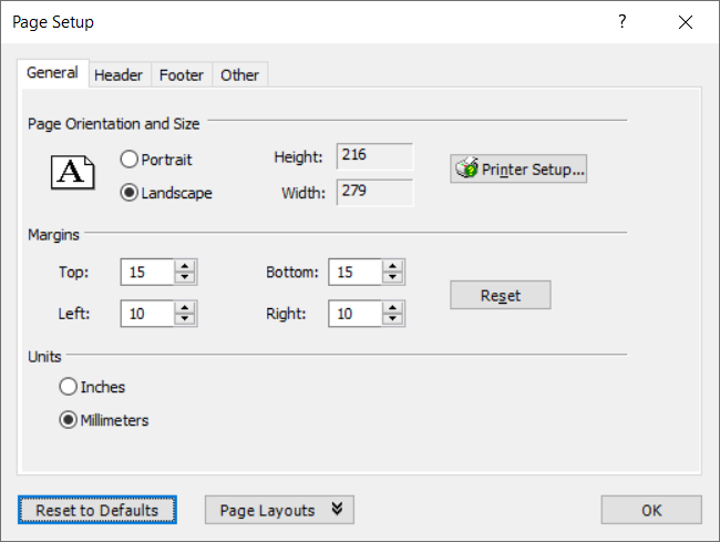 Page Setup - General tab