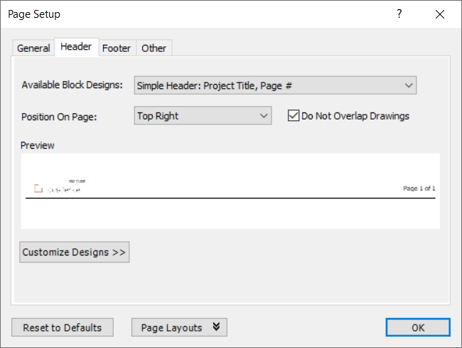 Page Setup - Header tab