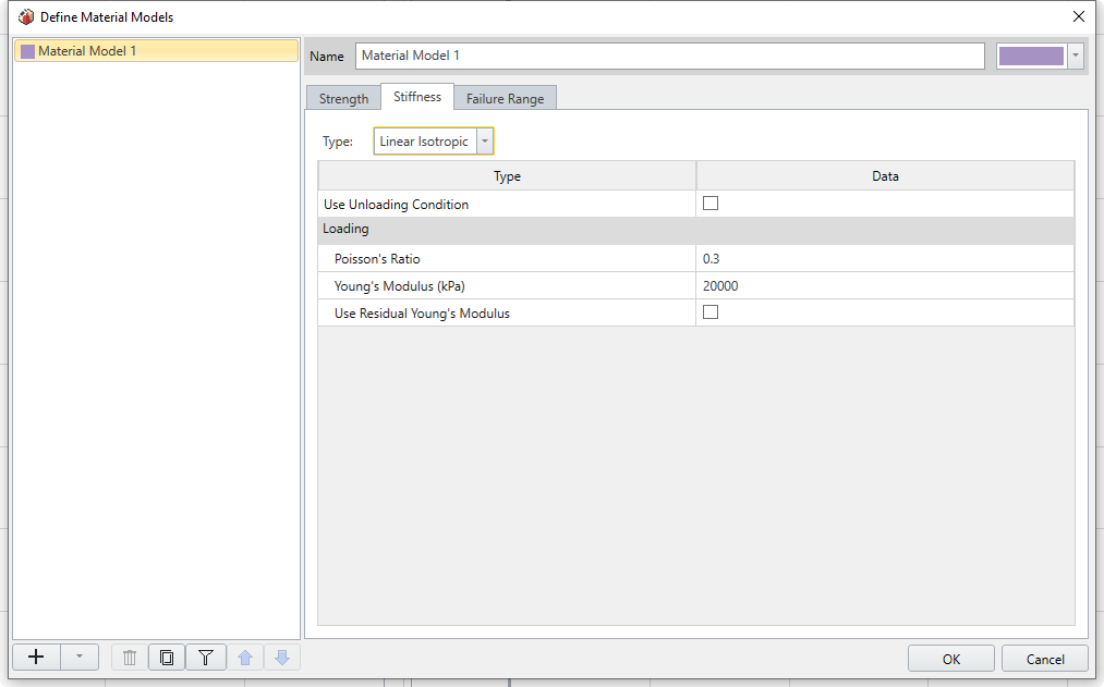 Material Stiffness - Define Material Models Dialog