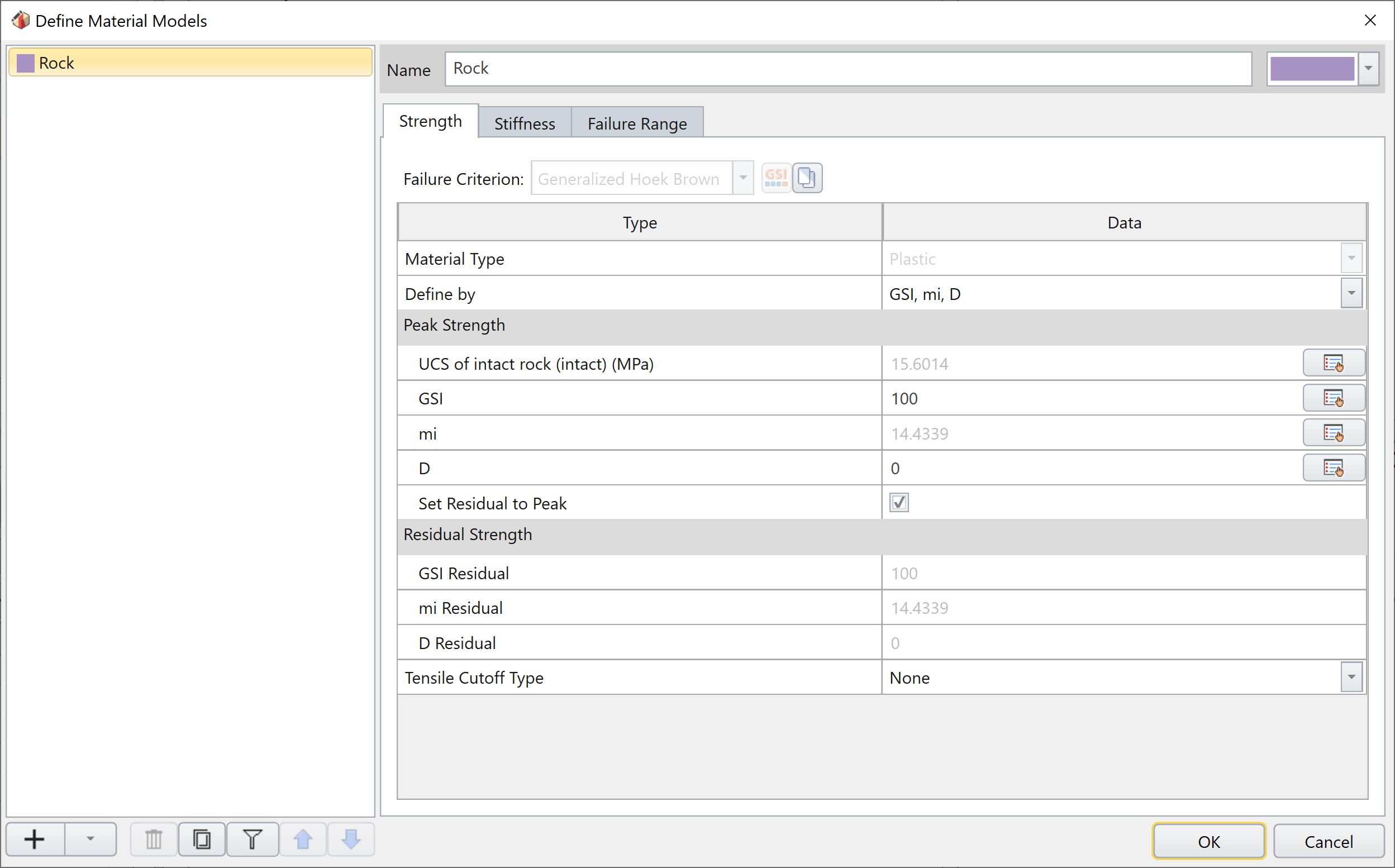 Peak strength parameters and Residual Strength calculations