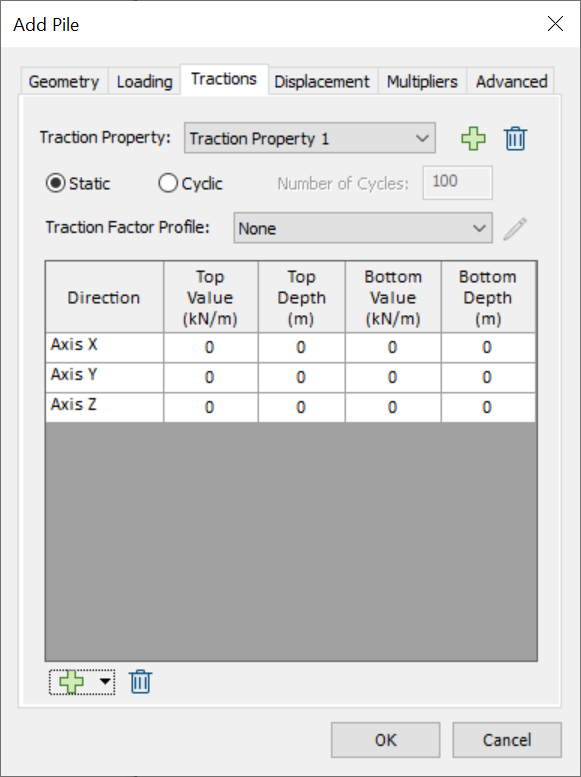 Add Single Pile Dialog - Tractions Tab
