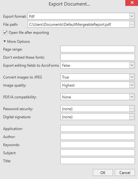 Export dialog