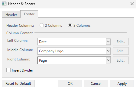 Header and footer dialog