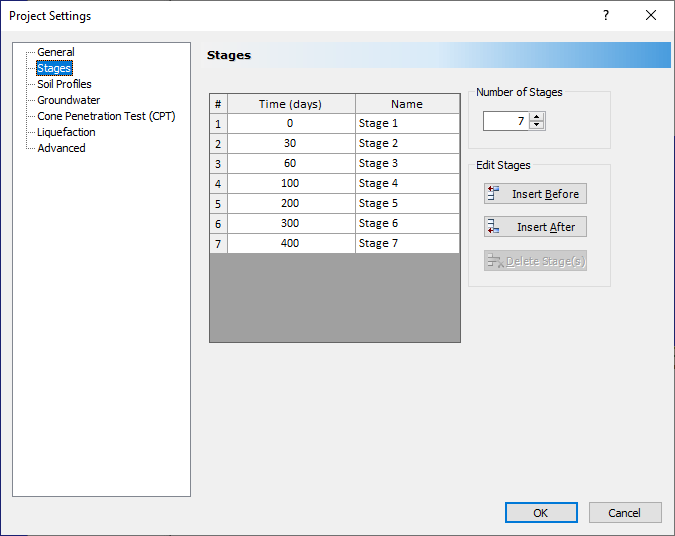 Project Settings dialog - Stages tab