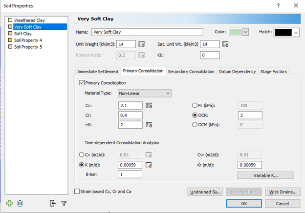 Very Soft Clay Tab - Soil Properties Dialog