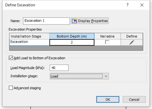 Define Excavation dialog