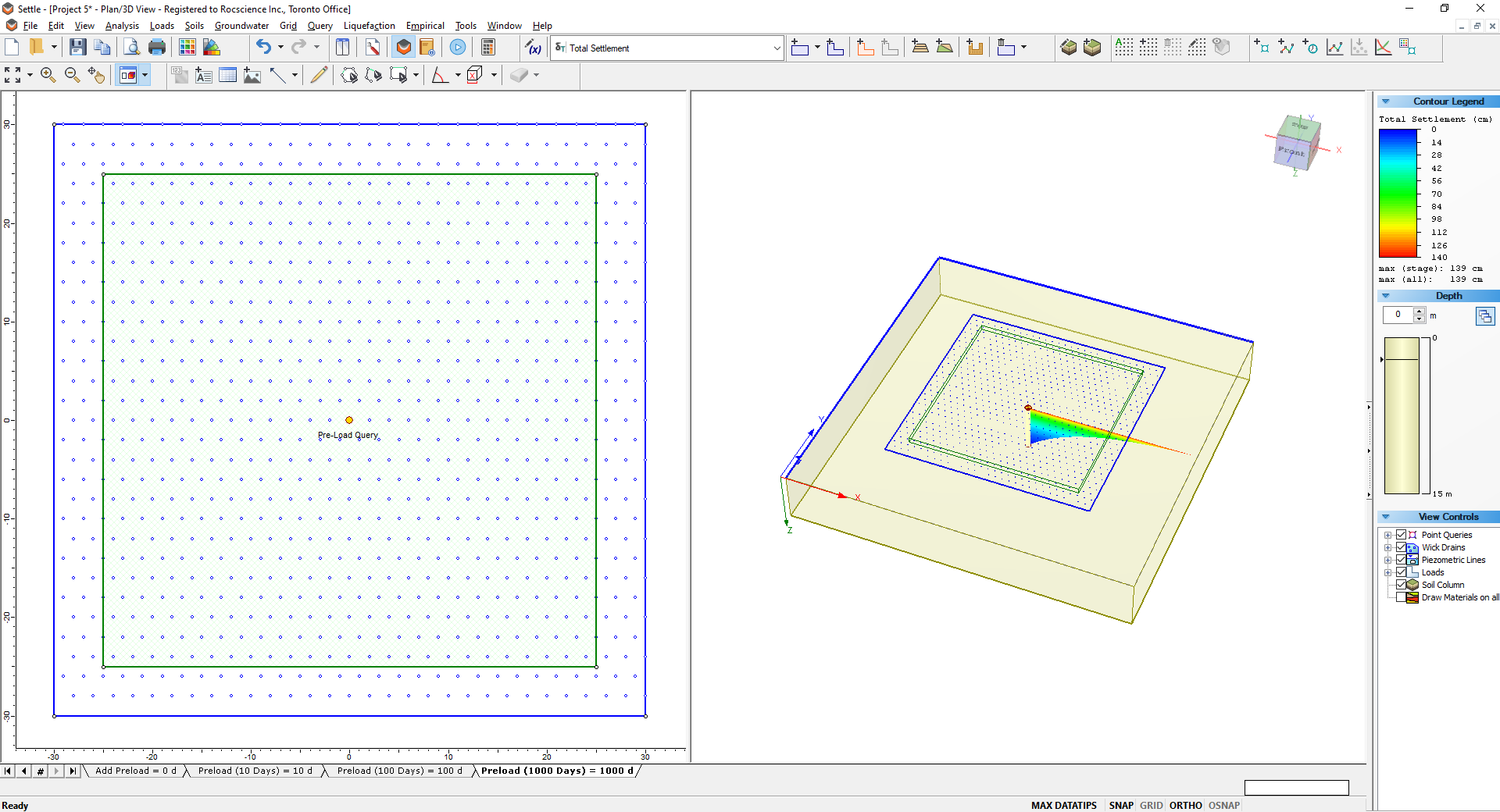 2D and 3D View of Total Settlement Contoured Model