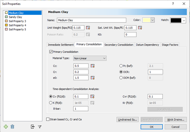 Soil Properties dialog - Medium Clay