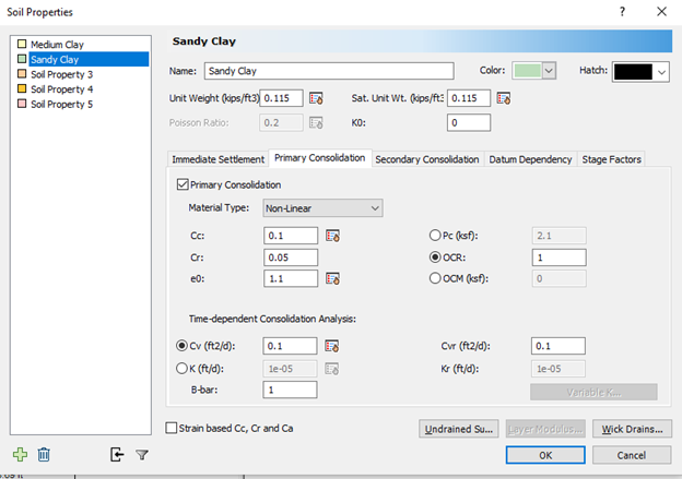 Soil Properties dialog - Sandy Clay