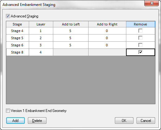 Advanced Embankment Staging dialog