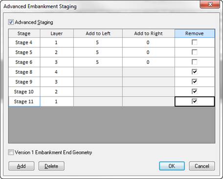 Advanced Embankment Staging dialog