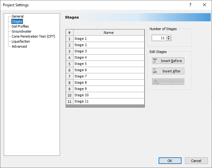 Project Settings dialog - Stages tab